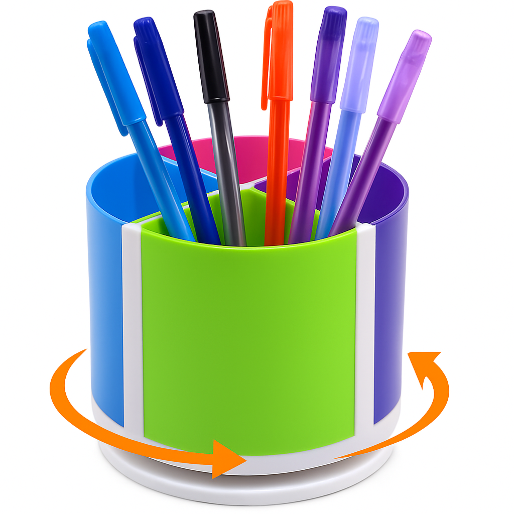 Suport pentru instrumente de scris, rotativ la 360 grade, 4 compartimente detasabile, diametru 10 cm, multicolor - imagine 10